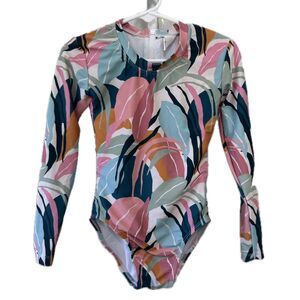 Toddler Girl's Tropical Leaves Long Sleeve One-Piece Pull Back Zip Swimsuit 4T